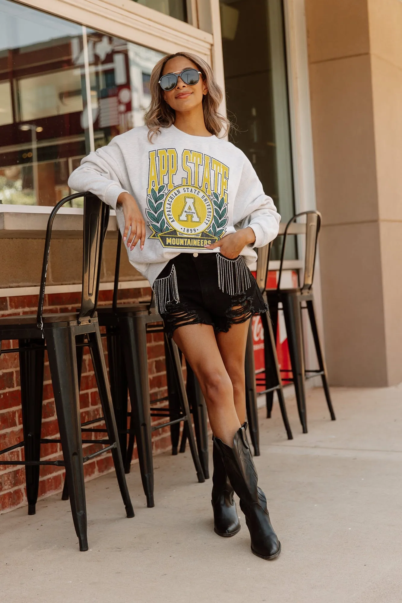 APPALACHIAN STATE MOUNTAINEERS GO FIGHT WIN PREMIUM FLEECE DROP SHOULDER CREWNECK PULLOVER BY MADI PREWETT TROUTT