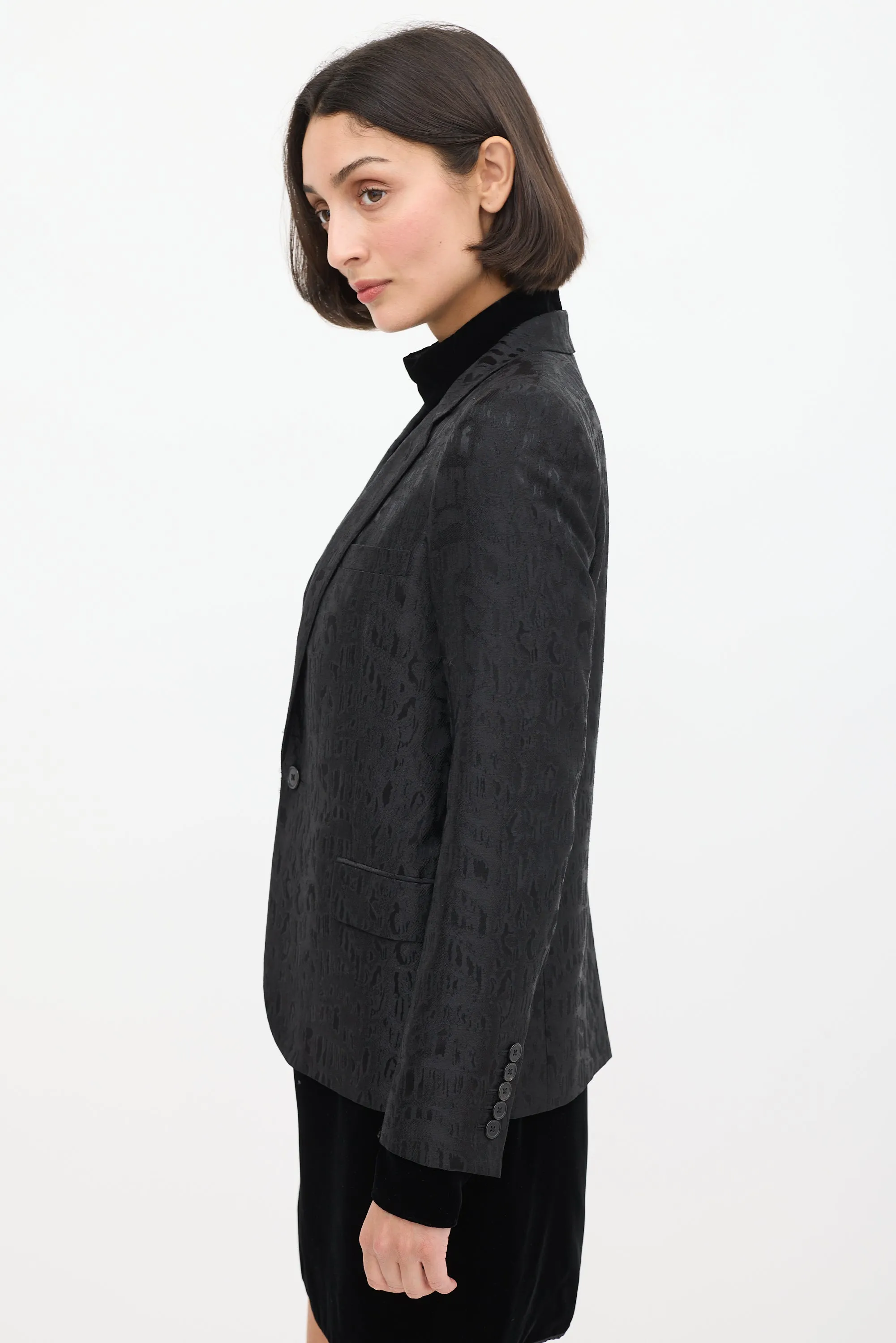 Black Wool Jacquard One Button Blazer
