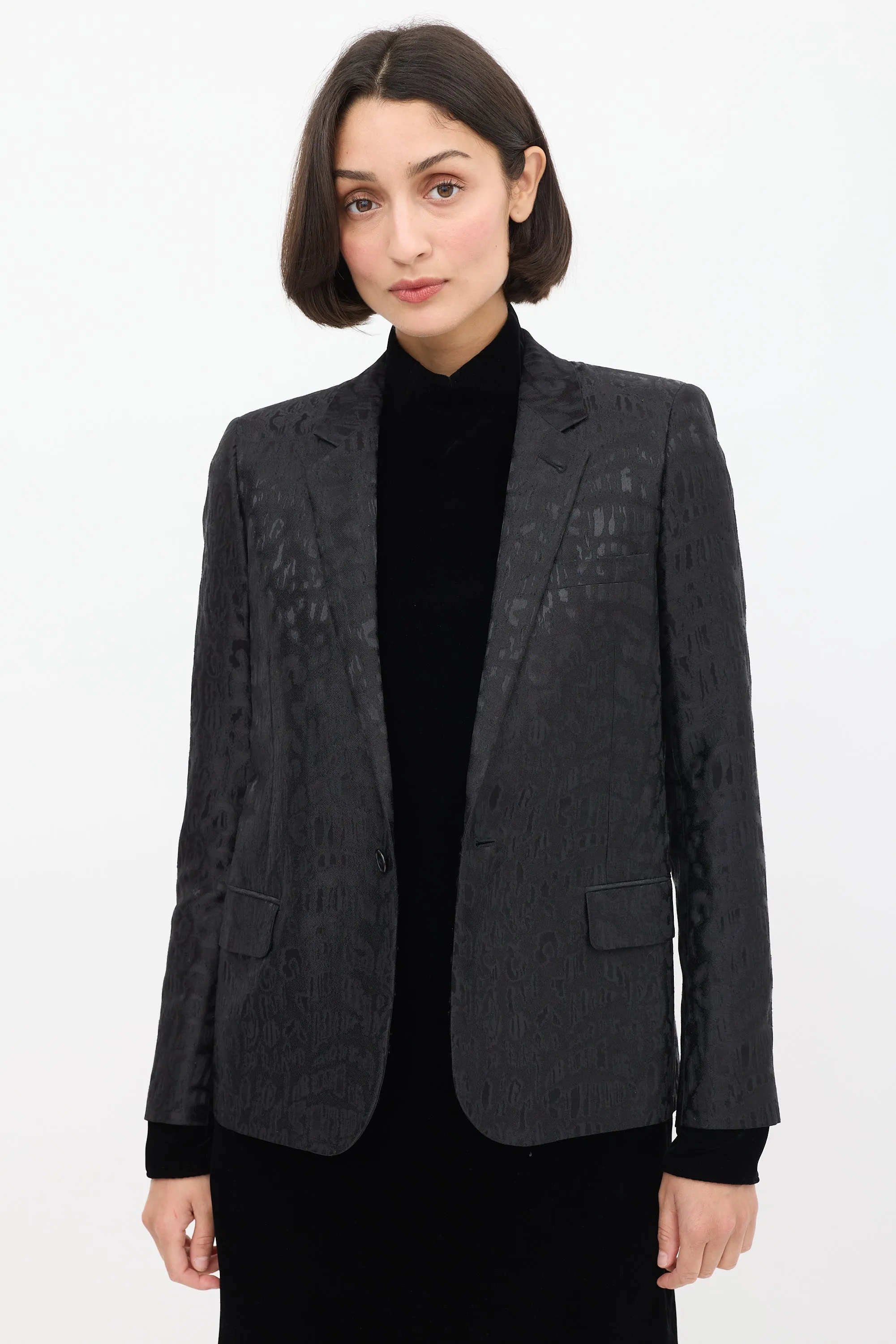 Black Wool Jacquard One Button Blazer