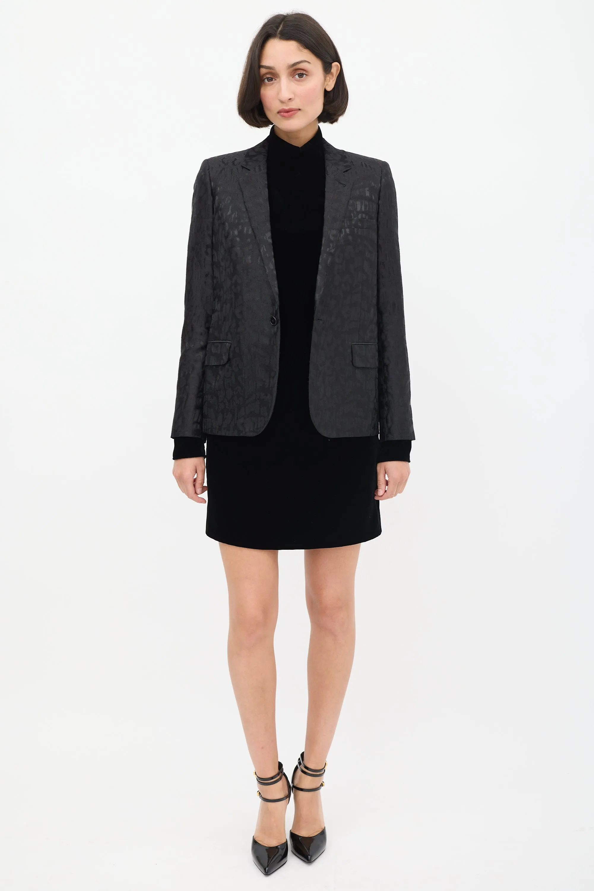 Black Wool Jacquard One Button Blazer