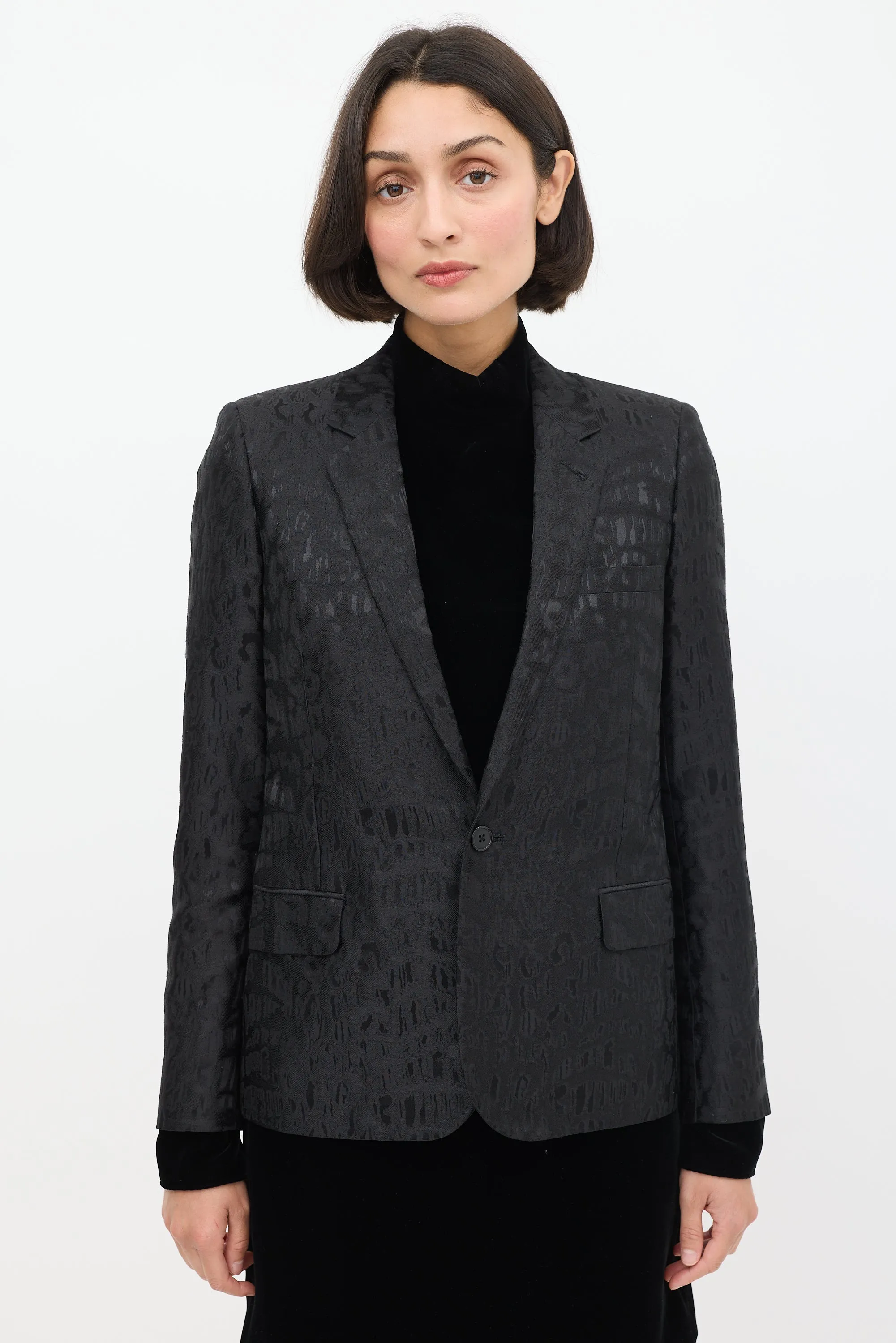 Black Wool Jacquard One Button Blazer