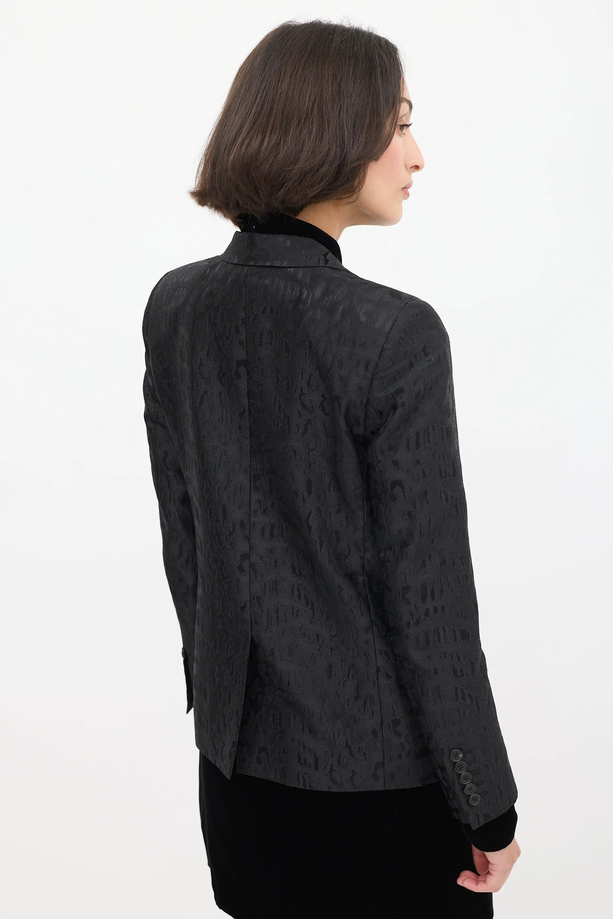 Black Wool Jacquard One Button Blazer