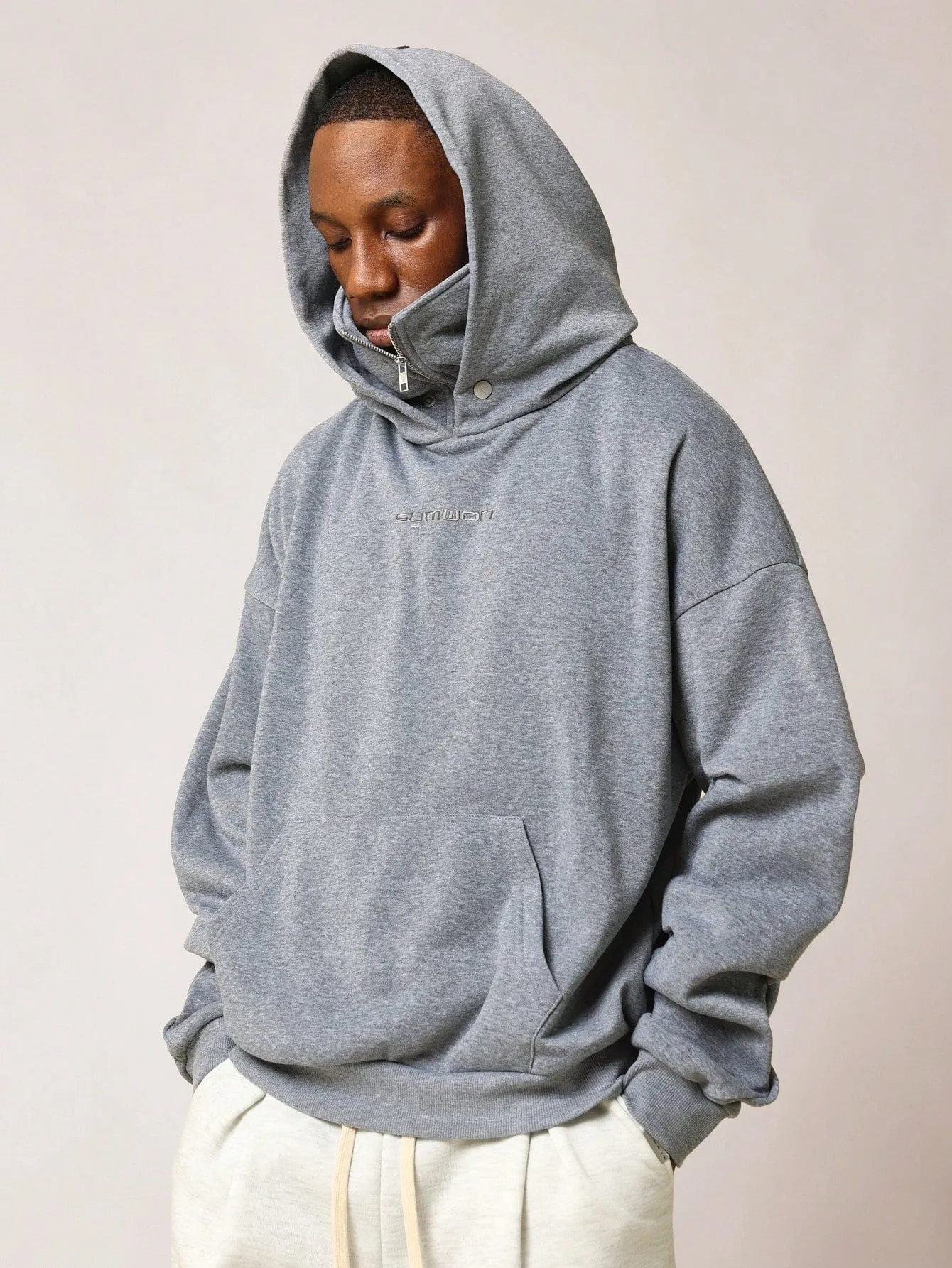 Masked Overhead Hoodie With Pleated Sleeve & Embroidery