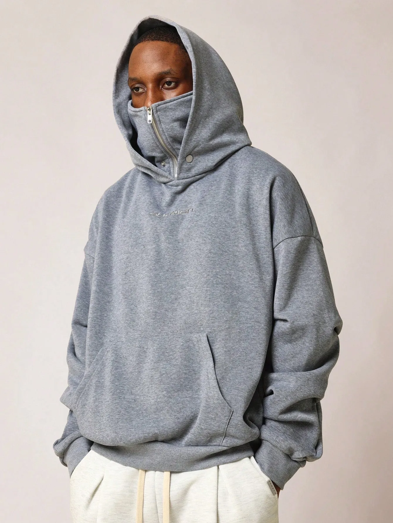 Masked Overhead Hoodie With Pleated Sleeve & Embroidery