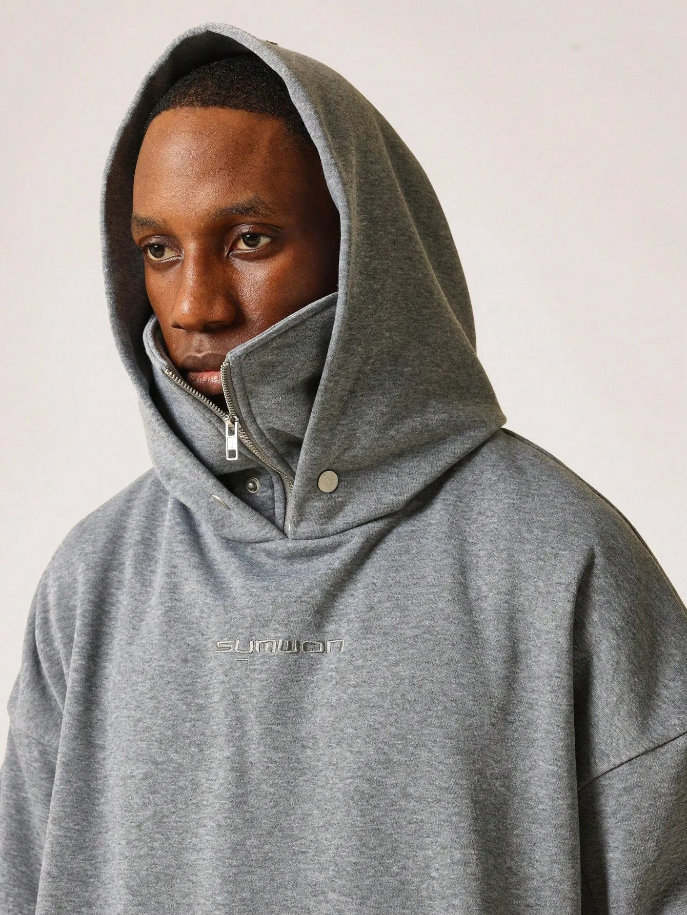 Masked Overhead Hoodie With Pleated Sleeve & Embroidery