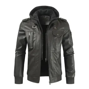 Mens Spring And Autumn Solid Zip PU Leather Jacket Hooded Lapel Motorcycle Leather Outdoor Windproof Solid Color Simple Jacket