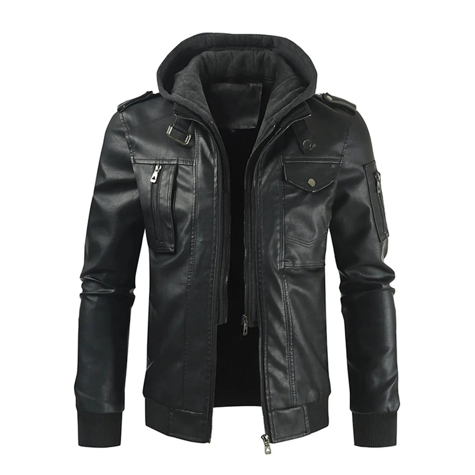 Mens Spring And Autumn Solid Zip PU Leather Jacket Hooded Lapel Motorcycle Leather Outdoor Windproof Solid Color Simple Jacket