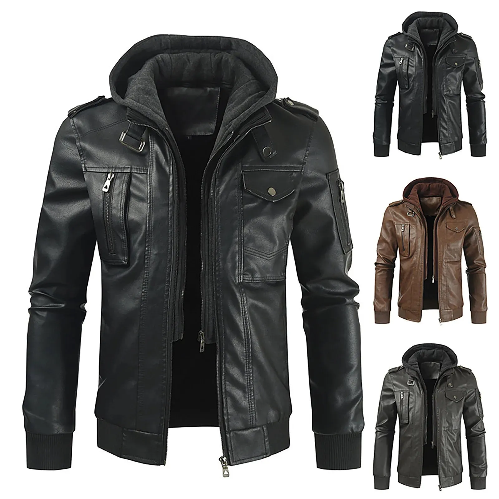 Mens Spring And Autumn Solid Zip PU Leather Jacket Hooded Lapel Motorcycle Leather Outdoor Windproof Solid Color Simple Jacket