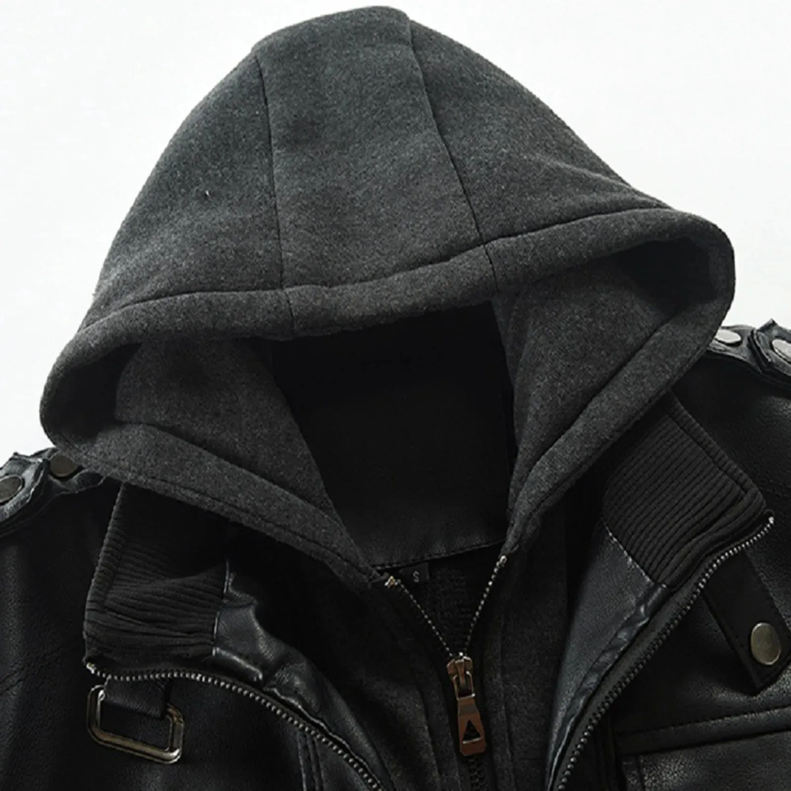 Mens Spring And Autumn Solid Zip PU Leather Jacket Hooded Lapel Motorcycle Leather Outdoor Windproof Solid Color Simple Jacket