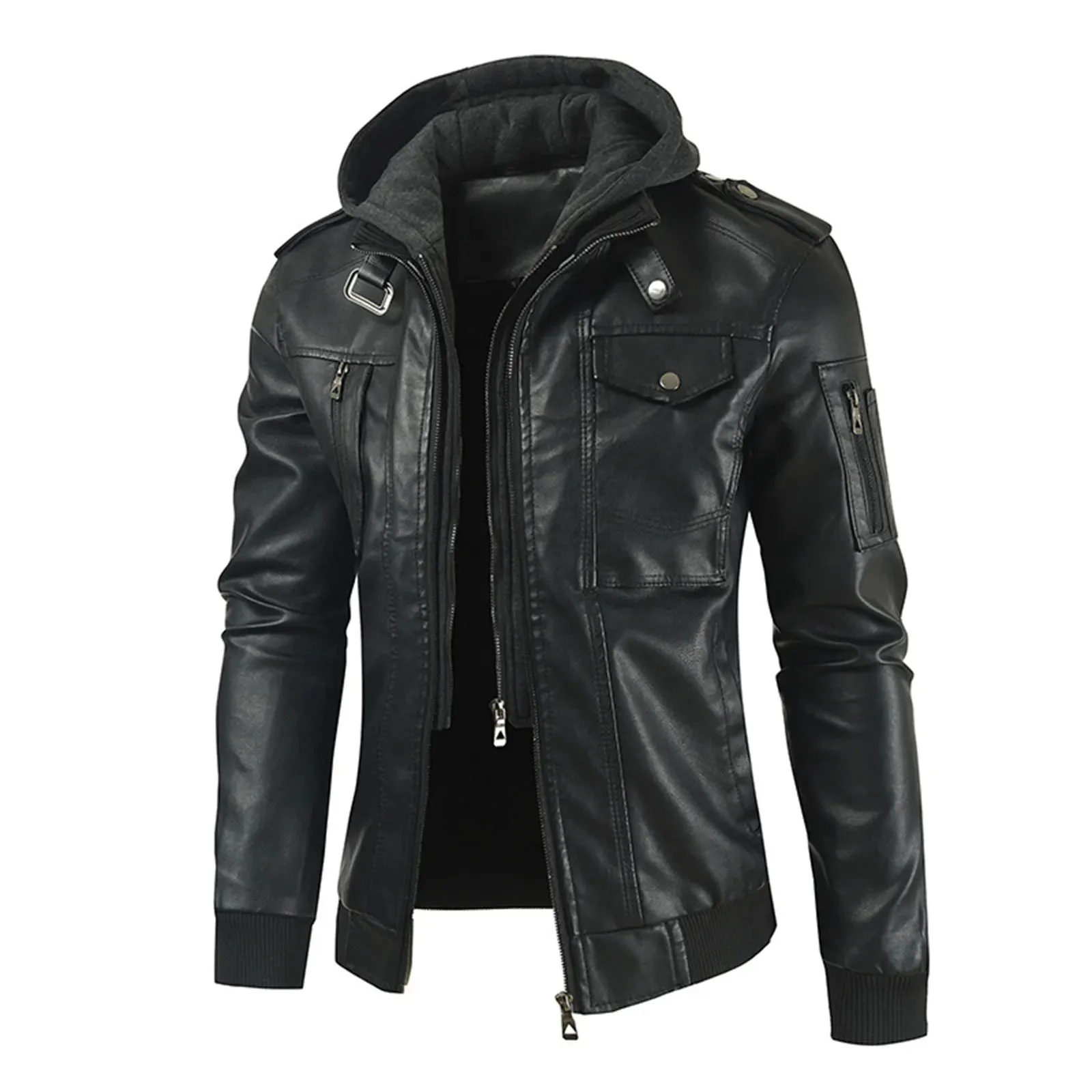 Mens Spring And Autumn Solid Zip PU Leather Jacket Hooded Lapel Motorcycle Leather Outdoor Windproof Solid Color Simple Jacket
