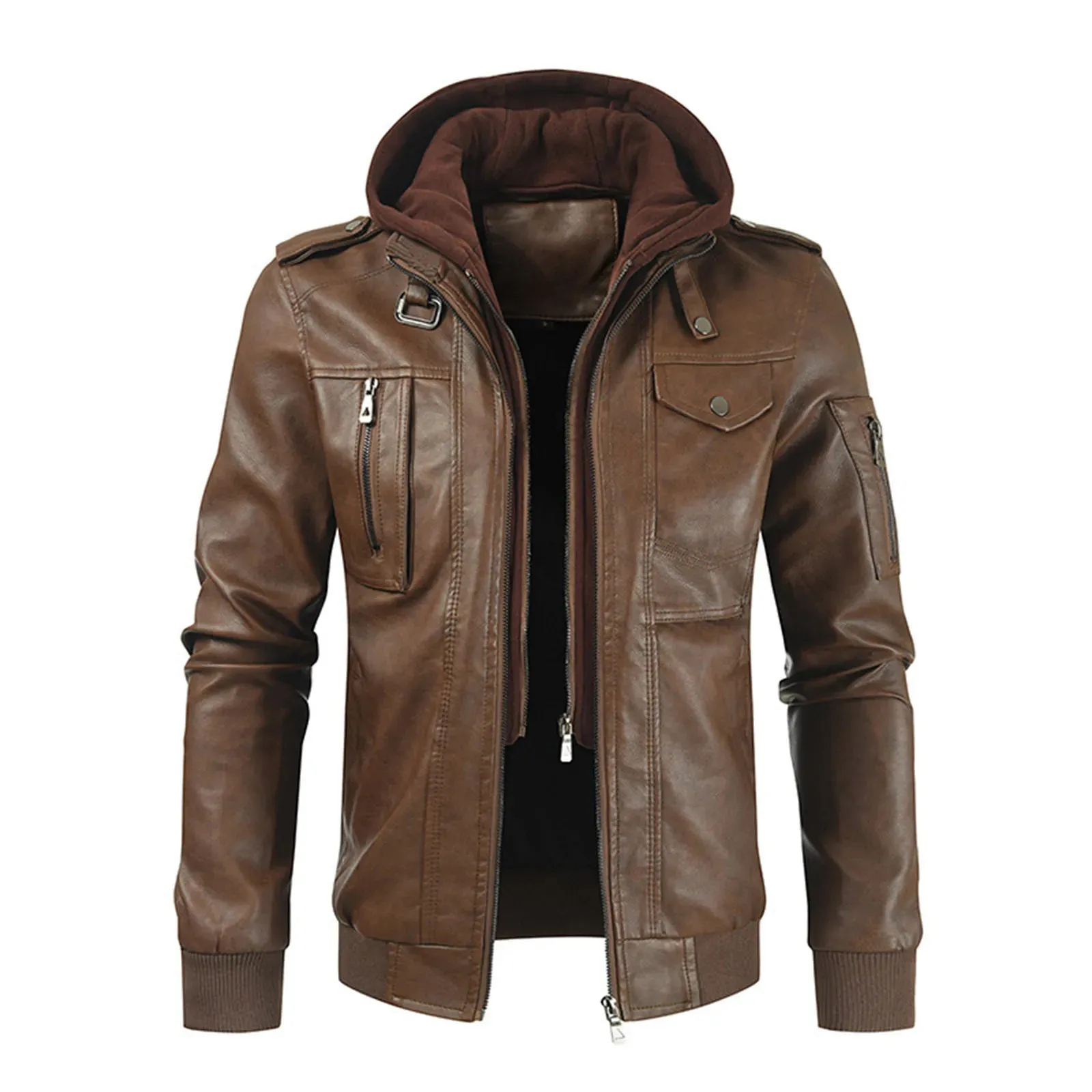 Mens Spring And Autumn Solid Zip PU Leather Jacket Hooded Lapel Motorcycle Leather Outdoor Windproof Solid Color Simple Jacket