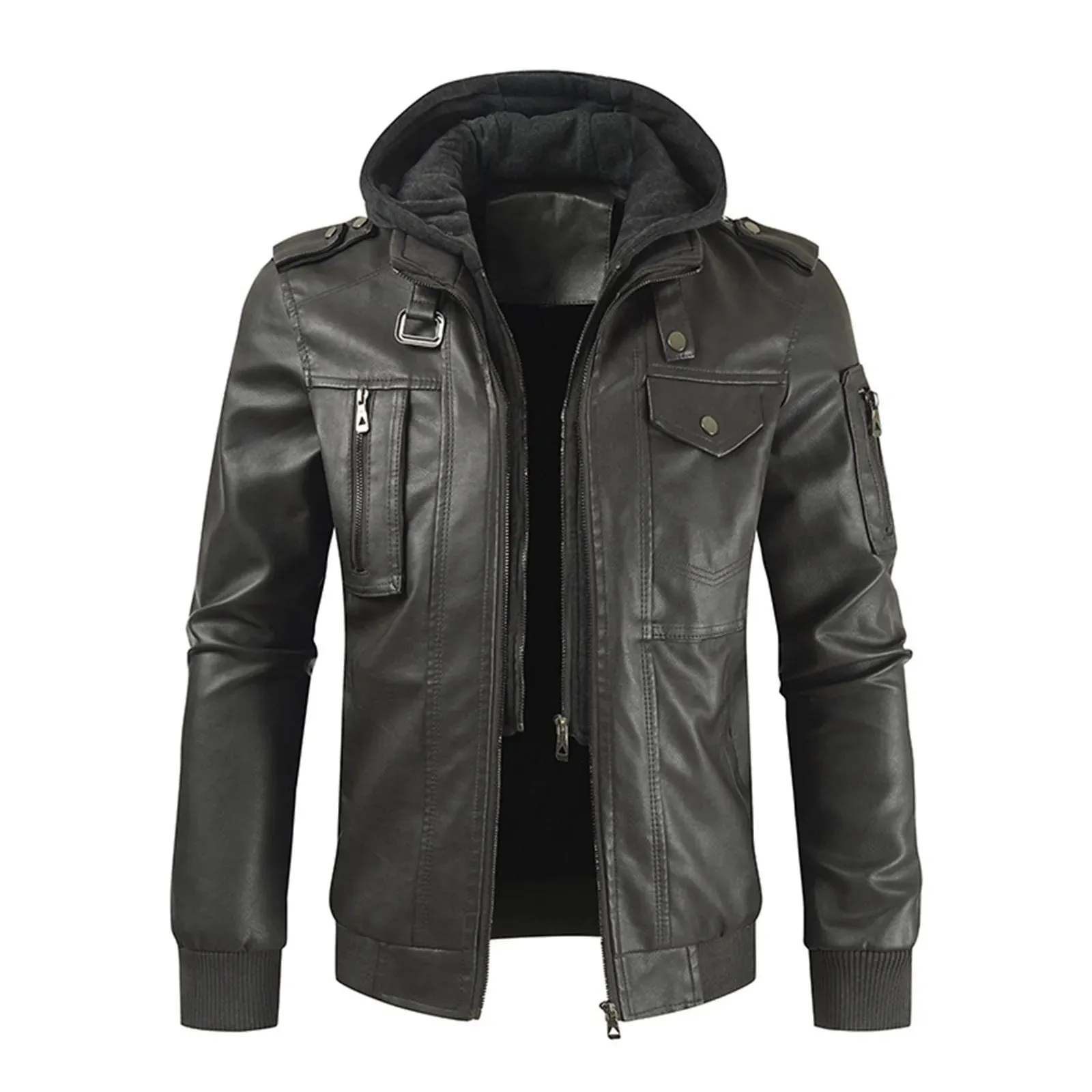 Mens Spring And Autumn Solid Zip PU Leather Jacket Hooded Lapel Motorcycle Leather Outdoor Windproof Solid Color Simple Jacket