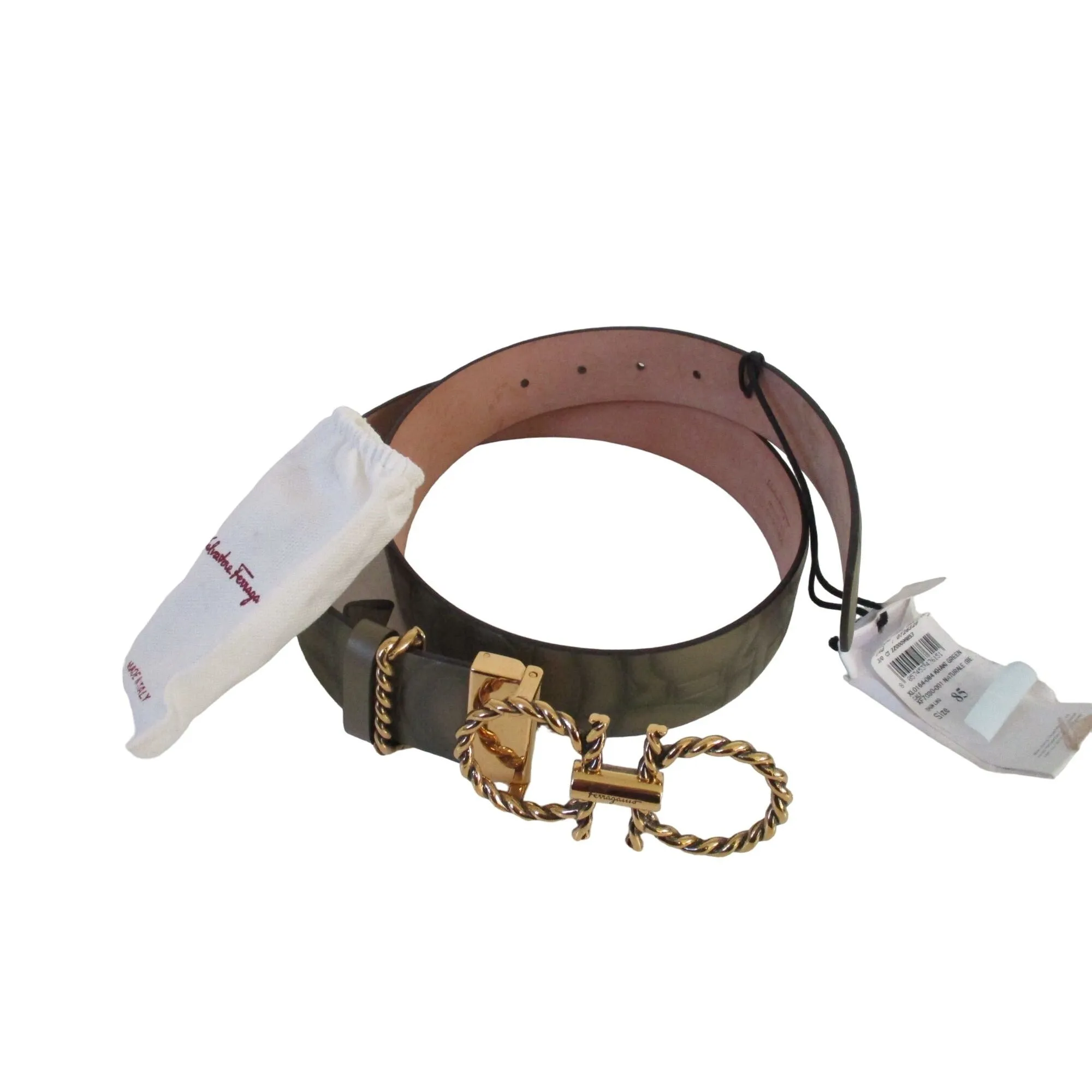 NWT Ferragamo Double Gancini Logo Green Leather Belt