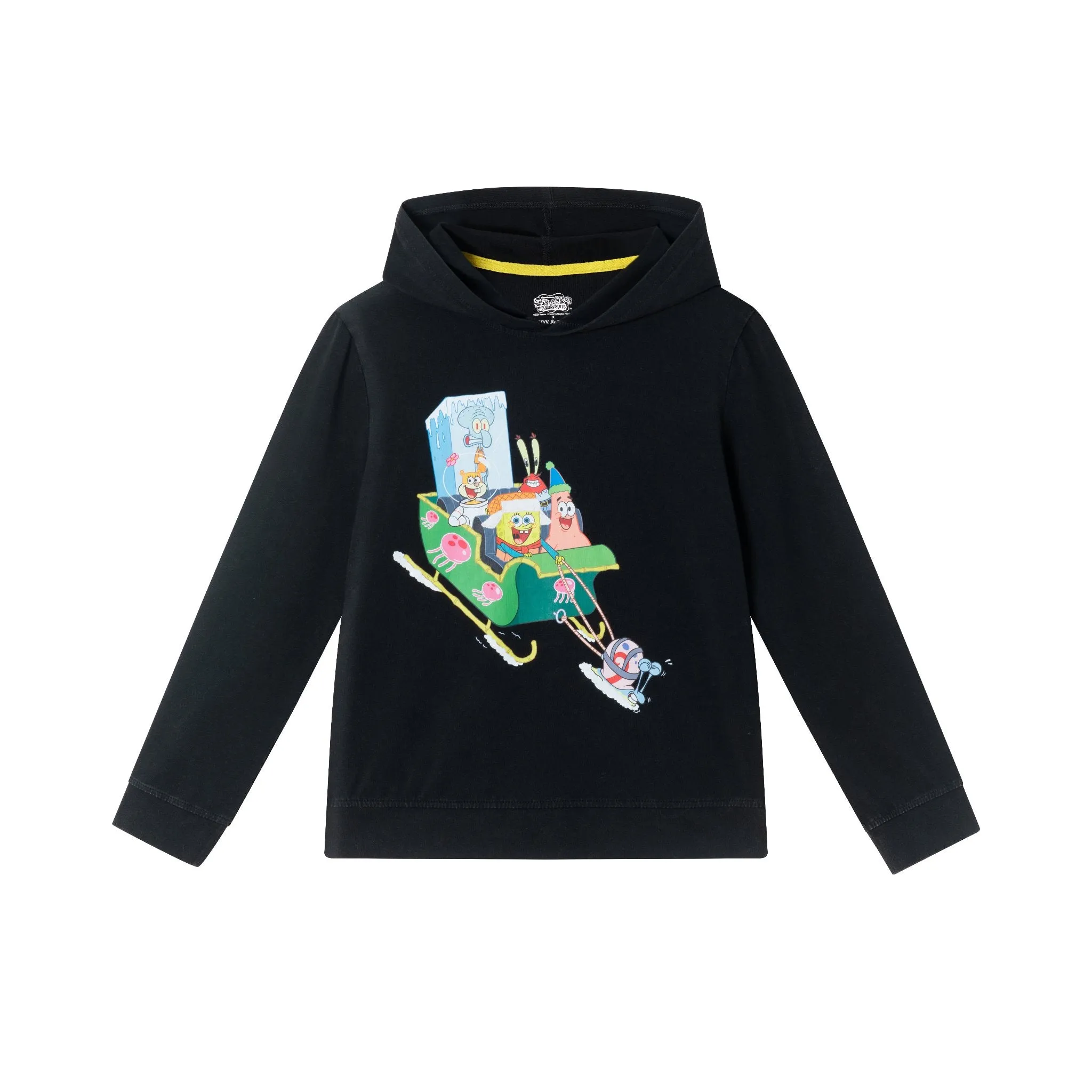 SpongeBob SquarePants™ x Andy & Evan® | Kids (7-14) Hooded Krabby Patty Sleigh Ride Tee | Black