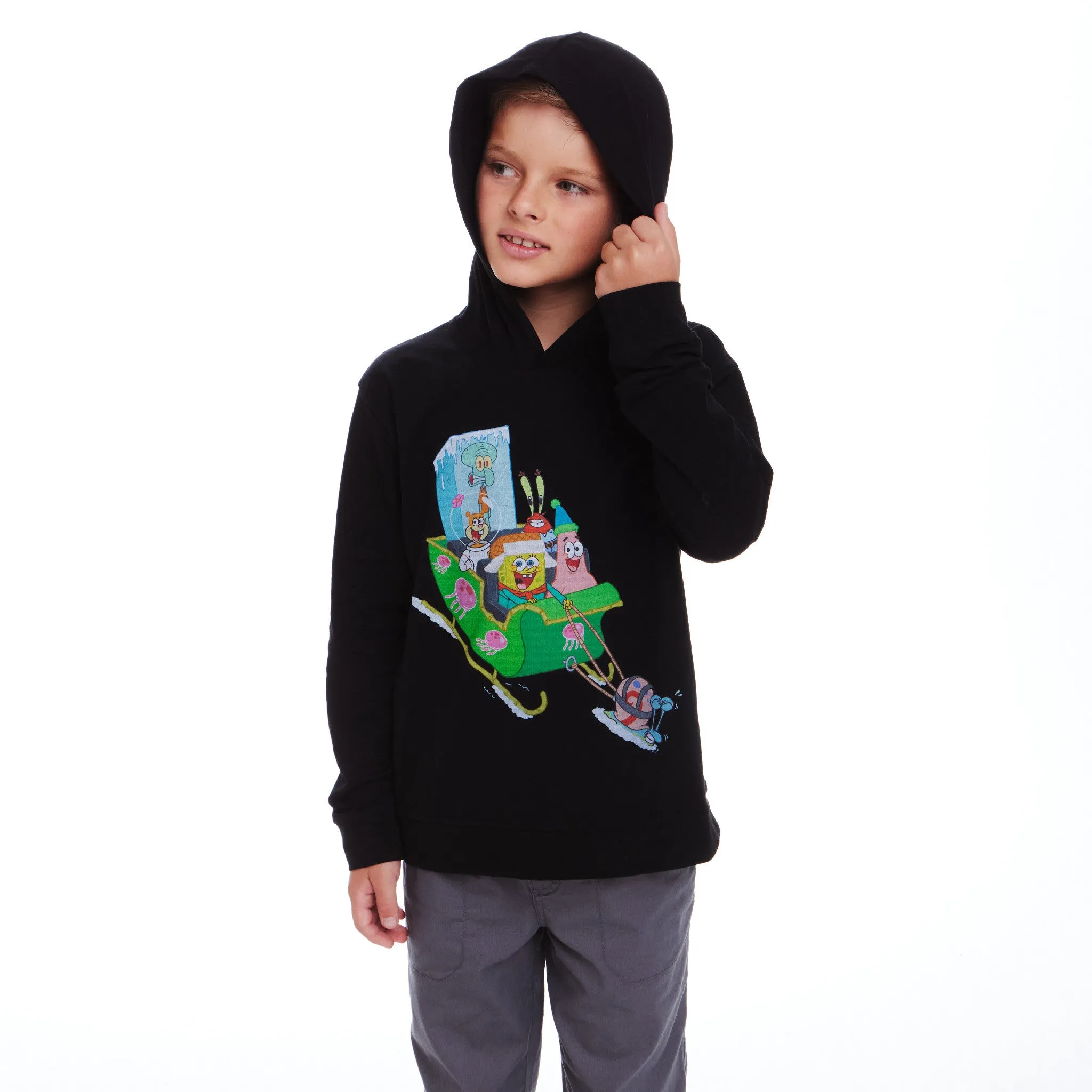 SpongeBob SquarePants™ x Andy & Evan® | Kids (7-14) Hooded Krabby Patty Sleigh Ride Tee | Black
