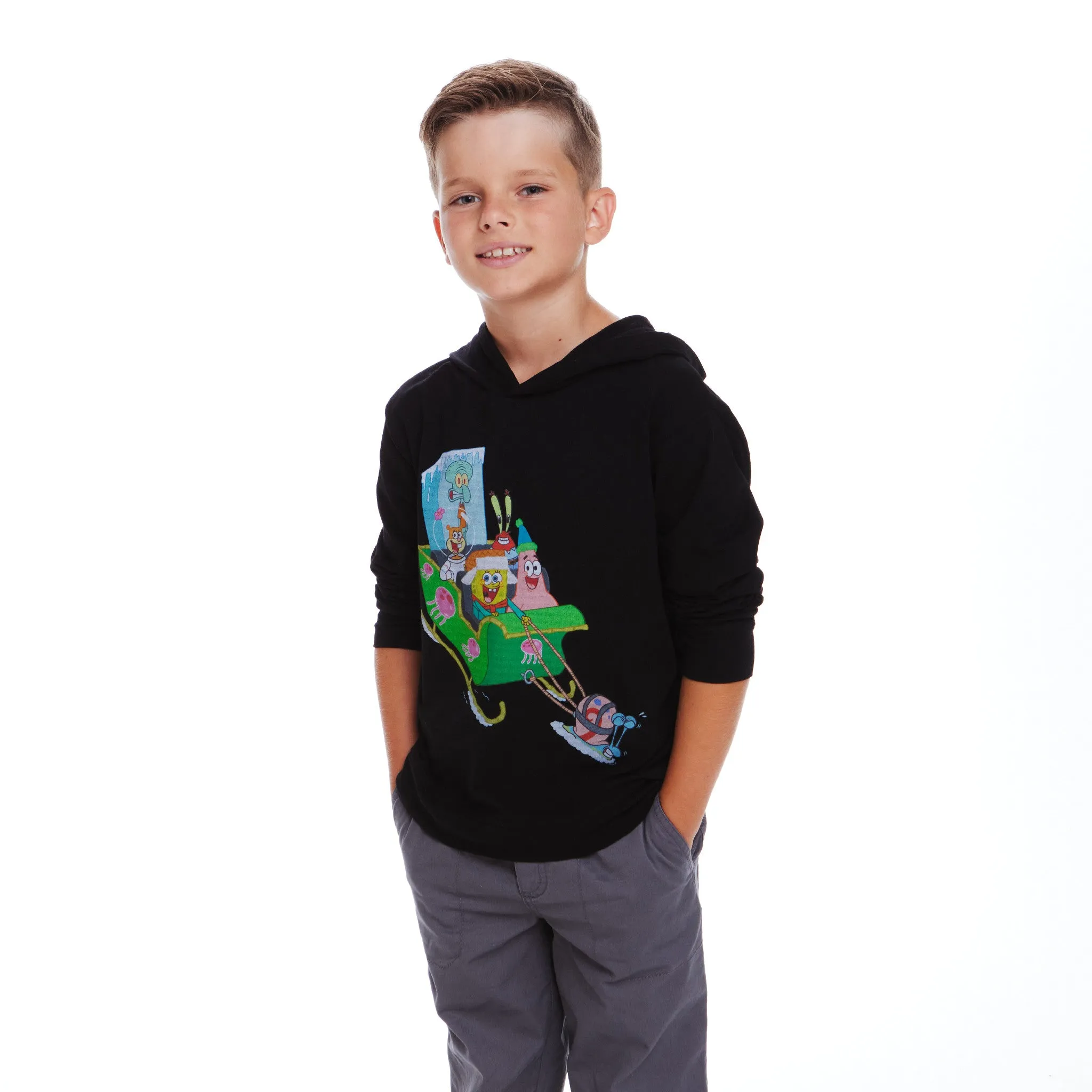 SpongeBob SquarePants™ x Andy & Evan® | Kids (7-14) Hooded Krabby Patty Sleigh Ride Tee | Black