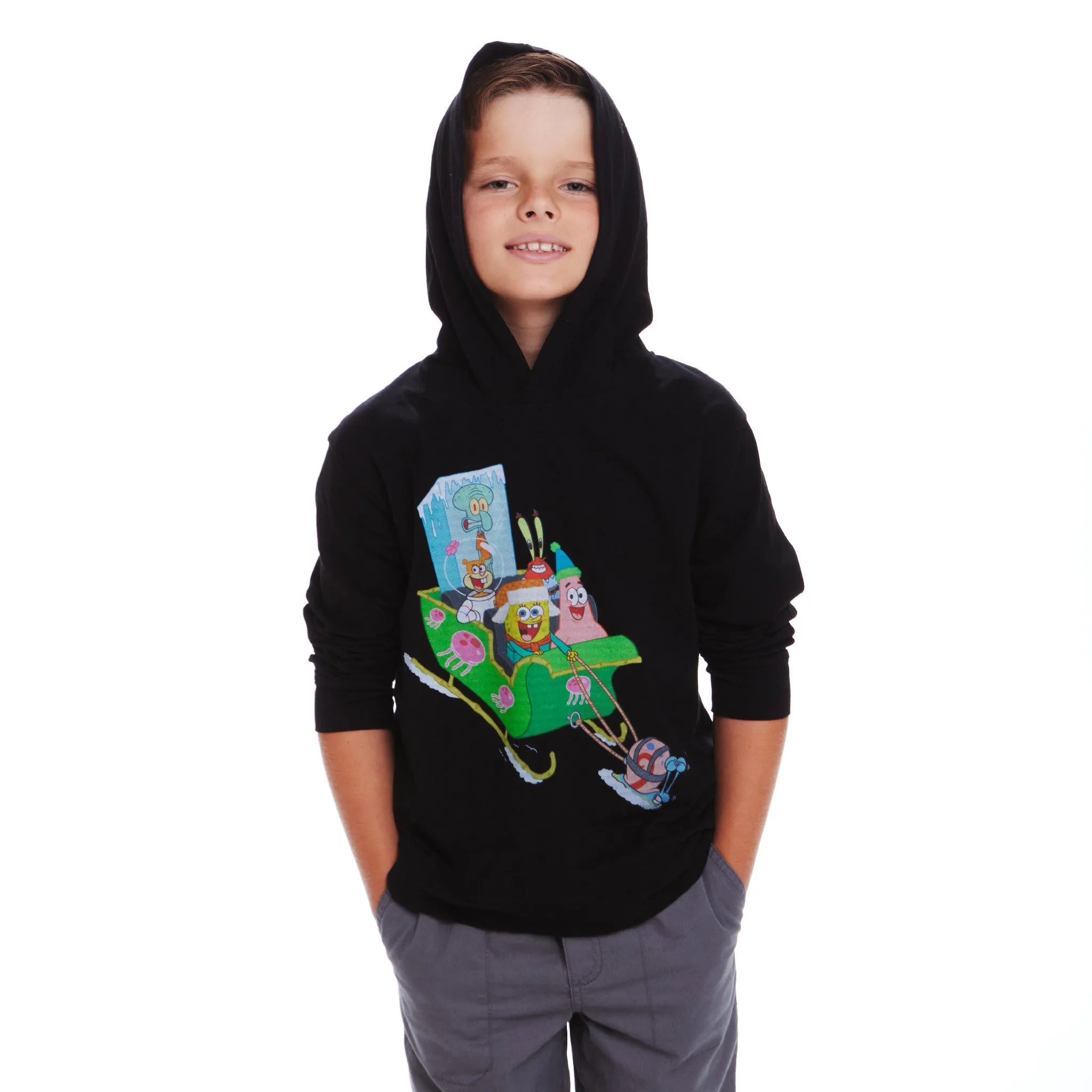 SpongeBob SquarePants™ x Andy & Evan® | Kids (7-14) Hooded Krabby Patty Sleigh Ride Tee | Black