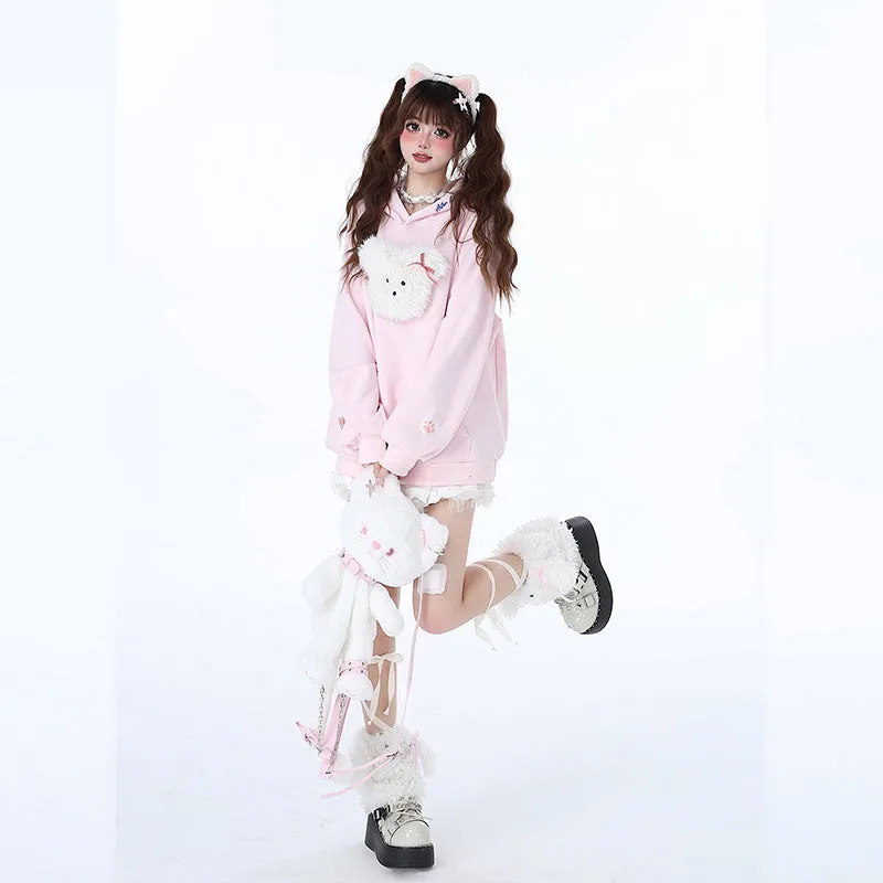 Sweet And Soft Girl Style 3D Cartoon Puppy Embroidered Sweatshirt