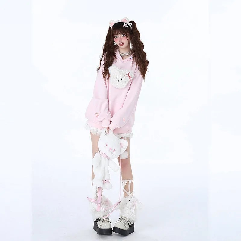 Sweet And Soft Girl Style 3D Cartoon Puppy Embroidered Sweatshirt