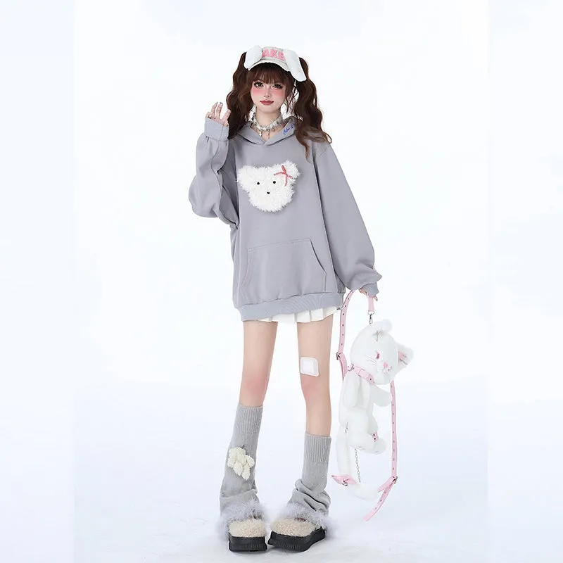 Sweet And Soft Girl Style 3D Cartoon Puppy Embroidered Sweatshirt