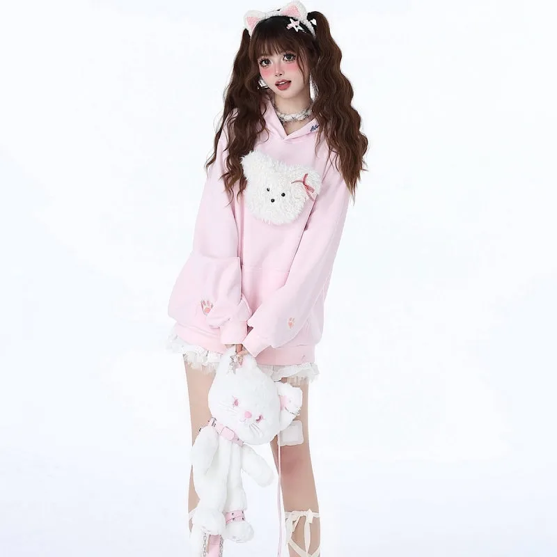 Sweet And Soft Girl Style 3D Cartoon Puppy Embroidered Sweatshirt