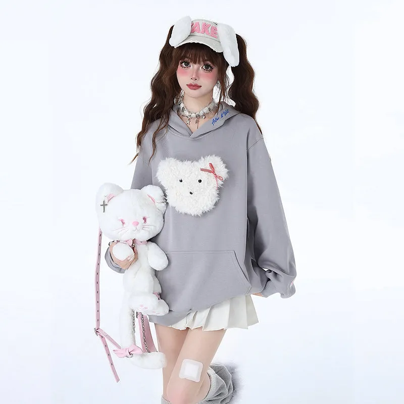 Sweet And Soft Girl Style 3D Cartoon Puppy Embroidered Sweatshirt